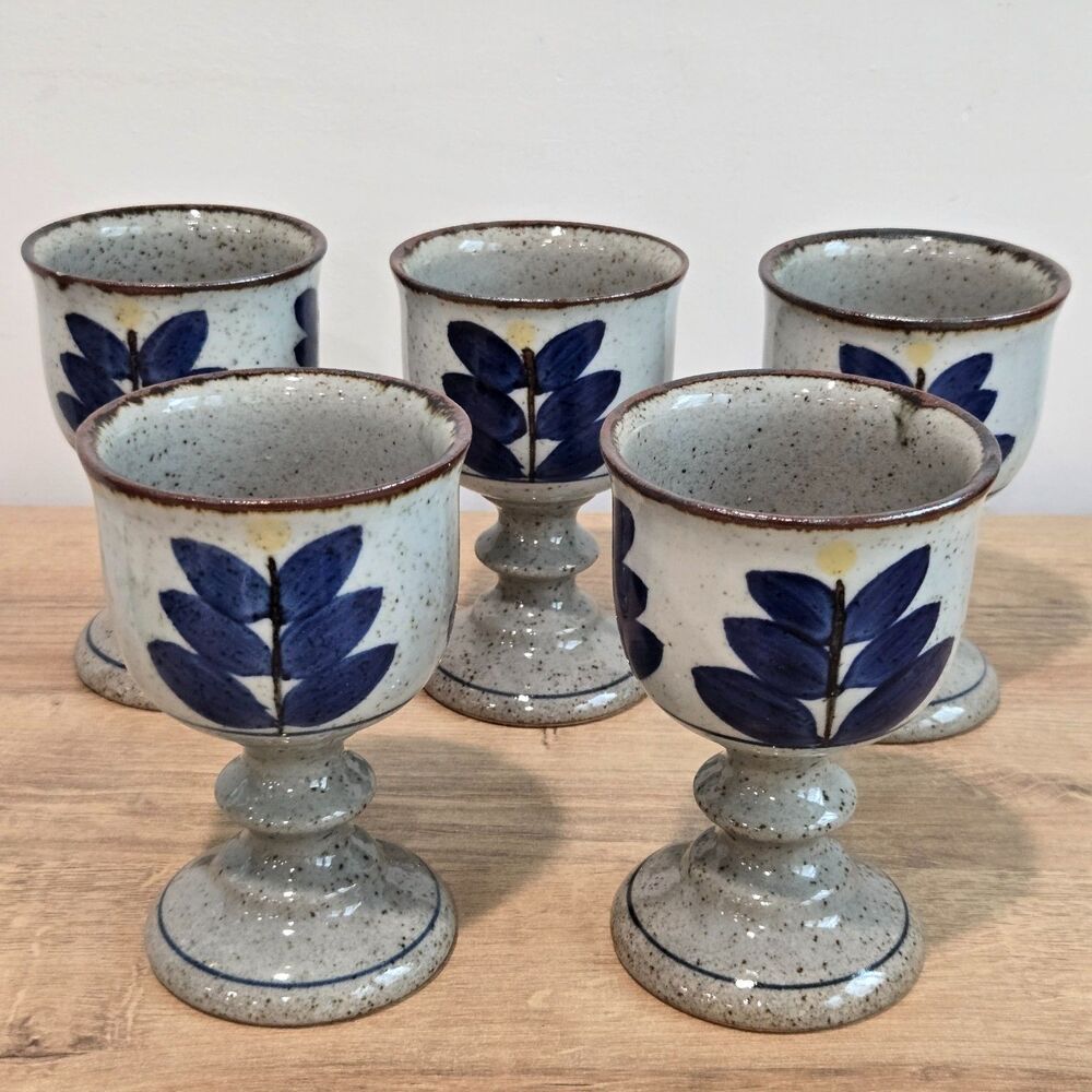 Set (5) Otagiriâ MCM Stoneware Chalice Pedestal Goblets Wine Japan Blue Flowers